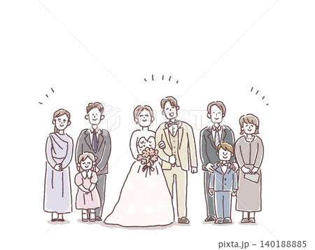 * 結婚式で記念撮影をする新郎新婦と家族、参列者の人物イラスト * 結婚式で記念撮影をする新郎新婦と家族、参列者の人物イラスト 140188885