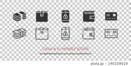 A set of vector icons (line art and colored) related to money and security, including wallets, stacks of bills, cards, smartphones, and padlocks. A set of vector icons (line art and colored) related to money and security, including wallets, stacks of bills, cards, smartphones, and padlocks. 140189019