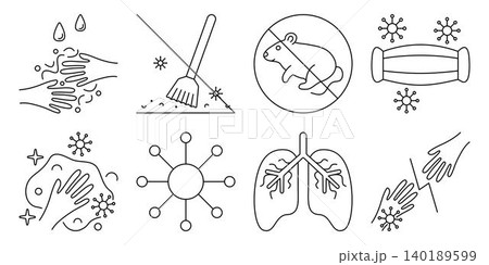 Hantavirus black line vector icon set. Precautions and routes of infection with the virus. Outline monochrome sign collection, isolated symbols. Various linear warning pictograms Hantavirus black line vector icon set. Precautions and routes of infection with the virus. Outline monochrome sign collection, isolated symbols. Various linear warning pictograms 140189599