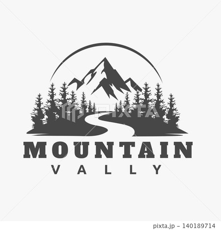 Mountain Range Pine Forest Winding River Valley Nature Adventure Logo Vector Design 140189714