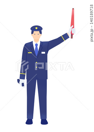 赤旗を掲げてホームの安全確認をする男性駅員の全身イラスト素材 140189718