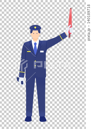 赤旗を掲げてホームの安全確認をする男性駅員の全身イラスト素材 140189718