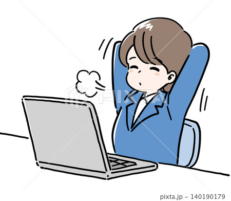 パソコンの前で伸びをする女性のイラスト(手描き) パソコンの前で伸びをする女性のイラスト(手描き) 140190179