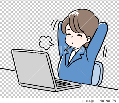 パソコンの前で伸びをする女性のイラスト(手描き) パソコンの前で伸びをする女性のイラスト(手描き) 140190179