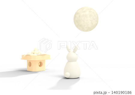 満月を眺める白うさぎと月見団子の3Dイラスト 140190186