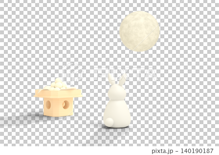 3D illustration of a white rabbit gazing at a full moon and moon-viewing dumplings, with a transparent background. 3D illustration of a white rabbit gazing at a full moon and moon-viewing dumplings, with a transparent background. 140190187