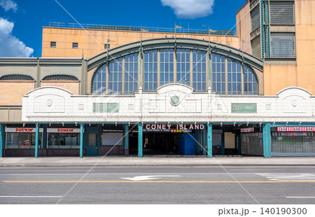 New york, usa august 21,2024. Coney island stillwell avenue terminal building entrance on a sunny day, showcasing classic architecture and bmt lines signage New york, usa august 21,2024. Coney island stillwell avenue terminal building entrance on a sunny day, showcasing classic architecture and bmt lines signage 140190300