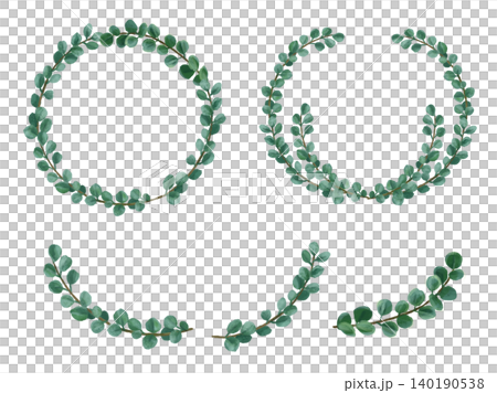 Watercolor-style illustration of eucalyptus leaves in a circular frame. Watercolor-style illustration of eucalyptus leaves in a circular frame. 140190538