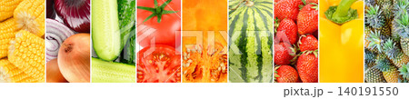 Premium horizontal rainbow collage of fresh fruits and vegetables including corn, onion, cucumber, tomato, pumpkin, watermelon, strawberry, pepper, and pineapple. Premium horizontal rainbow collage of fresh fruits and vegetables including corn, onion, cucumber, tomato, pumpkin, watermelon, strawberry, pepper, and pineapple. 140191550