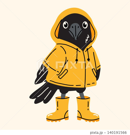 Cute Crow Wearing Yellow Raincoat and Boots 140191566