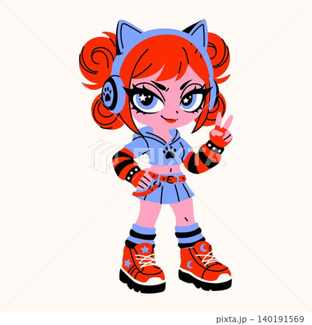Kawaii Cartoon Girl in Blue Outfit and Red Boots Kawaii Cartoon Girl in Blue Outfit and Red Boots 140191569