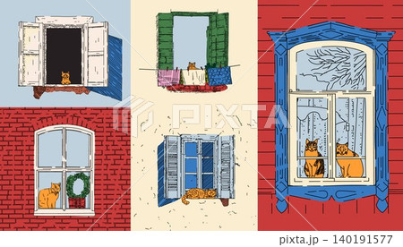 Cute Cat Window Scenes with Shutters and Facades Cute Cat Window Scenes with Shutters and Facades 140191577