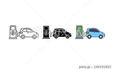 Electric car charging station icon set outline silhouette and color vector isolated on white background 140191603