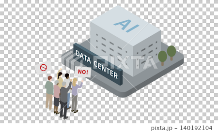 An isometric illustration depicting local residents opposing the development of an AI data center and the resulting conflict within the community. An isometric illustration depicting local residents opposing the development of an AI data center and the resulting conflict within the community. 140192104