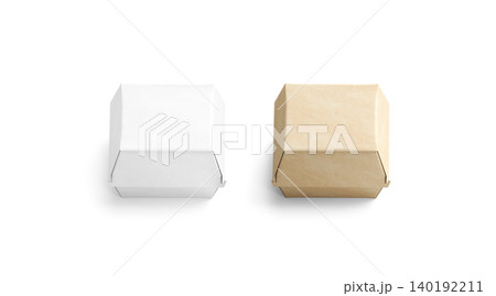 Blank craft and white burger box mockup png, transparent background, 3d rendering. Empty fast food package mock up cut out. Clear portable carton container for cheeseburger or chicken wings template. 140192211