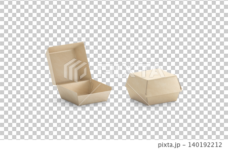 Blank opened and closed craft burger box mockup png, transparent background, 3d rendering. Empty brown boxed mock up cut out. Clear pasteboard portable container for cafe branding template. Blank opened and closed craft burger box mockup png, transparent background, 3d rendering. Empty brown boxed mock up cut out. Clear pasteboard portable container for cafe branding template. 140192212