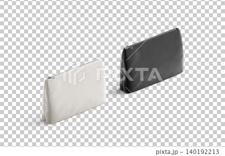 Blank black and white canvas pouch mockup png, transparent background, 3d rendering. Empty cloth handbag mock up cut out. Clear female ziplock for cosmetic template. Blank black and white canvas pouch mockup png, transparent background, 3d rendering. Empty cloth handbag mock up cut out. Clear female ziplock for cosmetic template. 140192213