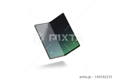 Turned on flexible book phone display half opened mockup png, transparent background, 3d rendering. Empty flex clamshell digital touchscreen mock up cut out. Clear flexibility device prototype. 140192215