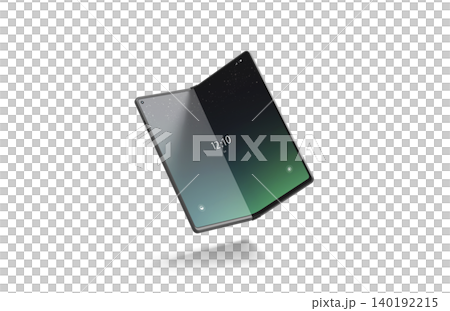 Turned on flexible book phone display half opened mockup png, transparent background, 3d rendering. Empty flex clamshell digital touchscreen mock up cut out. Clear flexibility device prototype. 140192215
