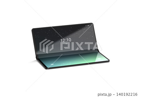 Turned on flexible book phone display half opened mockup png, transparent background, 3d rendering. Empty foldable clamshell gadget mock up cut out. Clear flex concept of smartphone technology. 140192216