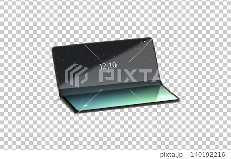 Turned on flexible book phone display half opened mockup png, transparent background, 3d rendering. Empty foldable clamshell gadget mock up cut out. Clear flex concept of smartphone technology. 140192216