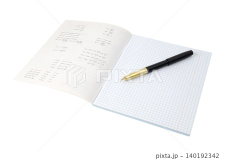 open notebook in mathematics with trigonometric functions and a black pen on the sheet open notebook in mathematics with trigonometric functions and a black pen on the sheet 140192342