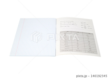 school checkered notebook with mathematical formulas of logarithms and a table of derivatives school checkered notebook with mathematical formulas of logarithms and a table of derivatives 140192345