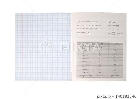 top view of an open school notebook in mathematics with tables and formulas 140192346