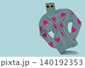 Funny invisible character concept with grey knitted turtleneck sweater with pink hearts pattern and yellow sunglasses levitating on blue background, copy space. 140192353