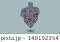 Cozy grey knitted turtleneck sweater with pink hearts print levitating on light blue background, copy space. 140192354