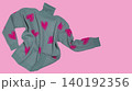 Grey knitted turtleneck sweater with pink hearts pattern floating in air on pastel pink background, copy space. 140192356