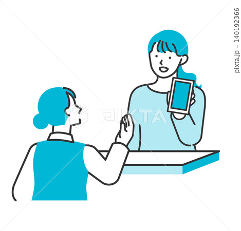 病院の受付や観光のフロントなど有人カウンターでスマホ画面を見せて予約確認や支払いをする若い女性 140192366