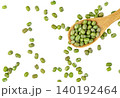 Top view of green mung beans scattered with a wooden spoon. Healthy plant-based protein source and dry legumes for cooking. Isolated. 140192464