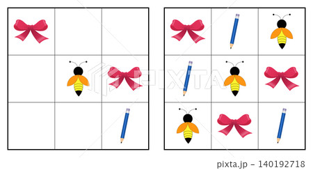 Premium quality PNG picture sudoku puzzle for kids with cute colorful ribbon, bee and pencil icons isolated on white background. Educational logic grid game worksheet template for childrens workbook, Premium quality PNG picture sudoku puzzle for kids with cute colorful ribbon, bee and pencil icons isolated on white background. Educational logic grid game worksheet template for childrens workbook, 140192718