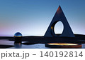 3D render, Surreal triangular portal and reflective sphere in minimal twilight water scene 140192814