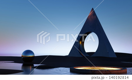 3D render, Surreal triangular portal and reflective sphere in minimal twilight water scene 140192814