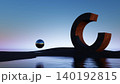 3D render, Surreal geometric sculpture and reflective sphere in minimal twilight landscape 140192815