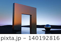 3D render, Minimal geometric doorway and reflective sphere in surreal water landscape 140192816