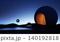 3D render, Minimal arched sculpture and reflective spheres in surreal twilight landscape 140192818