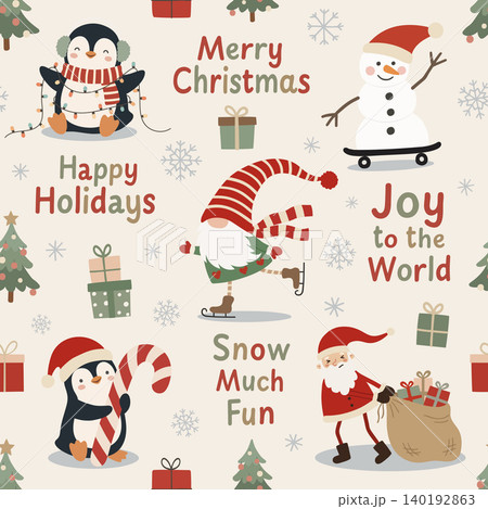 Cute Christmas seamless pattern with penguins, Santa, gnome, snowman, gifts for wrapping paper, cards, textiles, kids decor 140192863