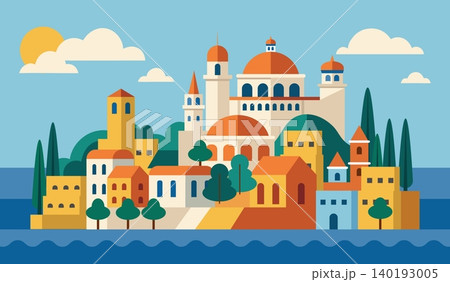 Coastal Cityscape Illustration with Mediterranean Architecture. Illustration. Coastal Cityscape Illustration with Mediterranean Architecture. Illustration. 140193005