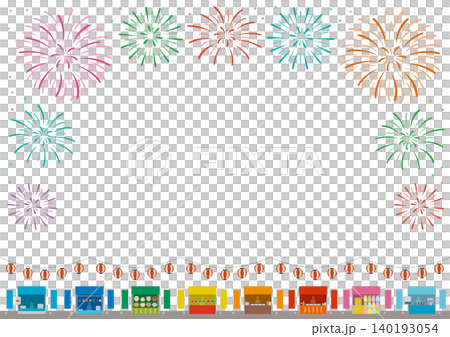 祭をイメージした花火と屋台と提灯の横型のフレームイラスト 140193054