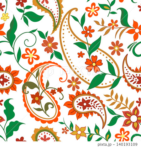Seamless print with oriental paisley patterns. Bright floral motifs. Vector illustration. Seamless print with oriental paisley patterns. Bright floral motifs. Vector illustration. 140193109