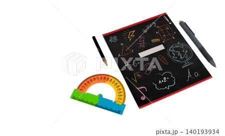 stationery set with a school notebook a pen a pencil and a protractor stationery set with a school notebook a pen a pencil and a protractor 140193934