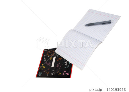 opened lined notebook at an angle with a pen on the pages lies near a dark cover opened lined notebook at an angle with a pen on the pages lies near a dark cover 140193938