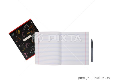 opened lined notebook lies flat in the center next to a gray pen and a cover 140193939