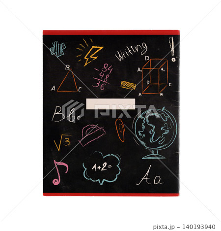 school notebook with drawings on the cover on a white isolated background 140193940