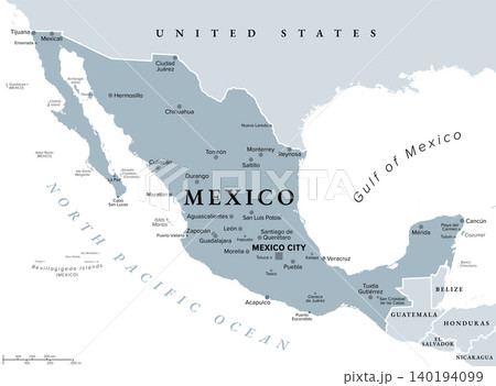 Mexico, gray political map, with capital Mexico City, and largest and most important cities. United Mexican States, a country in North America, northernmost part of Latin America. Illustration. Vector Mexico, gray political map, with capital Mexico City, and largest and most important cities. United Mexican States, a country in North America, northernmost part of Latin America. Illustration. Vector 140194099