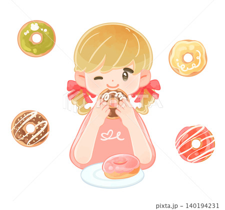 かわいいドーナツを食べる女の子　半袖 140194231