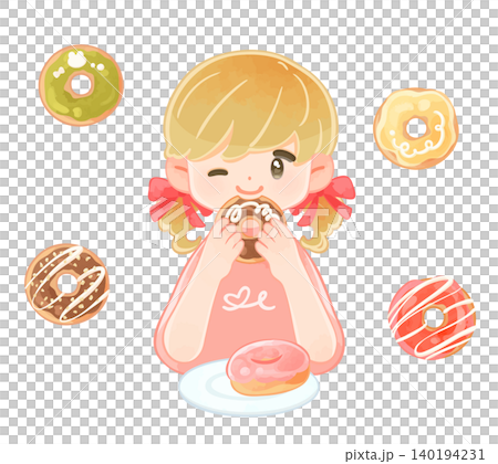 A cute girl eating a donut, wearing short sleeves. A cute girl eating a donut, wearing short sleeves. 140194231